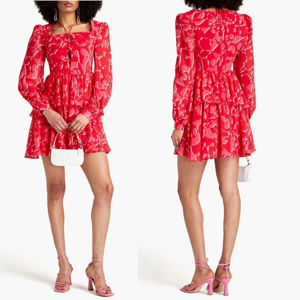 NWT One33 Social Women's Red Abstract-Print Balloon-Sleeve Mini Dress Size 6
